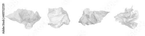 Set with used crumpled paper tissues on white background. Banner design