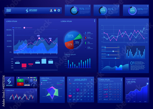 UI UX Digital blue dashboard infographic vector template