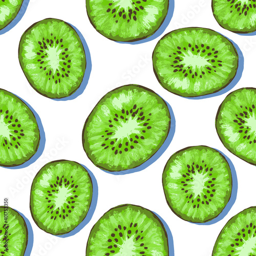 Kiwi fruit seamless pattern. Vector illustration for designing posters, wallpaper, background, fabric, textile, cafe, restaurant, resort, exotic, packaging.