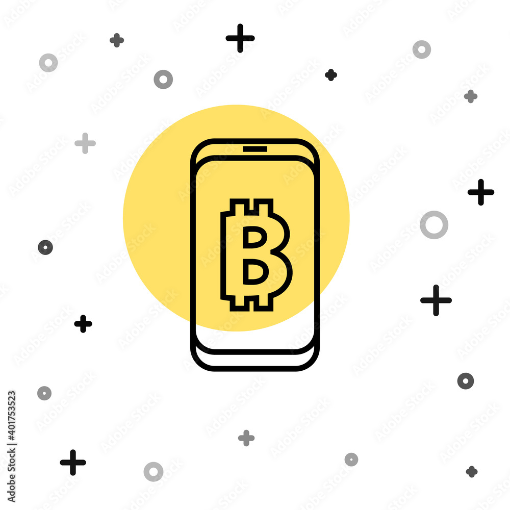 Black line Mining bitcoin from mobile icon isolated on white background. Cryptocurrency mining, blockchain technology service. Random dynamic shapes. Vector. Black line Mining bitcoin from mobile icon isolated on white background. Cryptocurrency mining, blockchain technology service. Random dynamic shapes. Vector.
