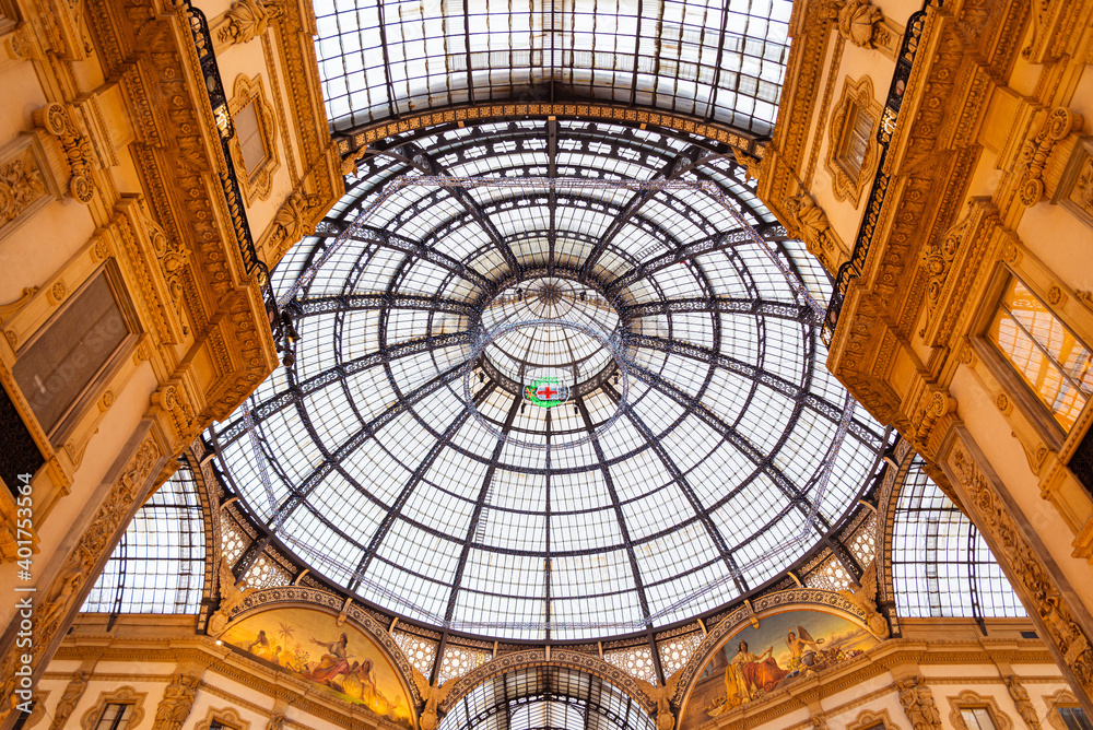 The dome of the famous and ancient gallery in Milan historical centre, Italy (called Galleria Vittorio Emanuele II)