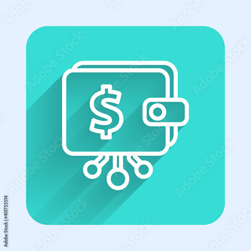 White line Cryptocurrency wallet icon isolated with long shadow. Wallet and bitcoin sign. Mining concept. Money, payment, cash, pay icon. Green square button. Vector.