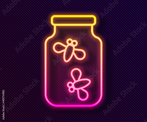 Glowing neon line Fireflies bugs in a jar icon isolated on black background. Vector.