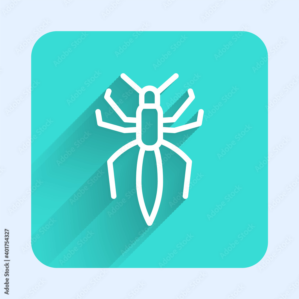 White line Spider icon isolated with long shadow. Happy Halloween party. Green square button. Vector. White line Spider icon isolated with long shadow. Happy Halloween party. Green square button. Vector.
