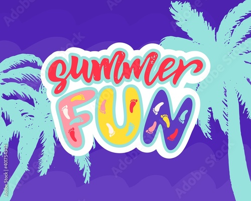 Banner with hand draw lettering Summer fun and palm tree. On blue striped texture wave background. Vector.