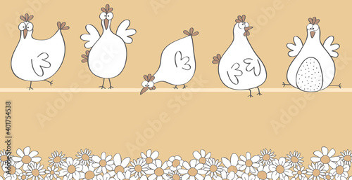 funny chickens on the chicken perch above a wildflower meadow, cartoon, illustration, vector
