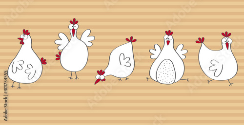 Funny cartoon chickens, vector, illustration, hand drawing