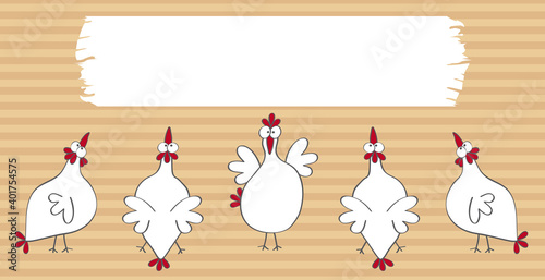 Funny hens watching white label sign, cartoon, illustration, vector