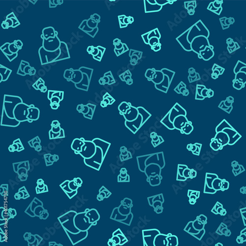 Green line Socrates icon isolated seamless pattern on blue background. Sokrat ancient greek Athenes ancient philosophy. Vector.
