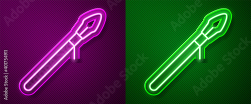 Glowing neon line Medieval spear icon isolated on purple and green background. Medieval weapon. Vector.