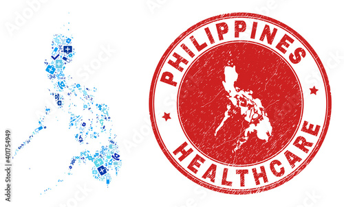Vector mosaic Philippines map of vaccine icons, analysis symbols, and grunge doctor rubber imitation. Red round stamp with grunge rubber texture and Philippines map word and map.