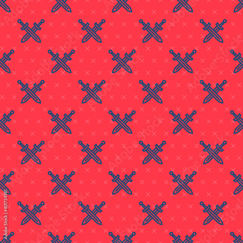 Blue line Crossed medieval sword icon isolated seamless pattern on red background. Medieval weapon. Vector.