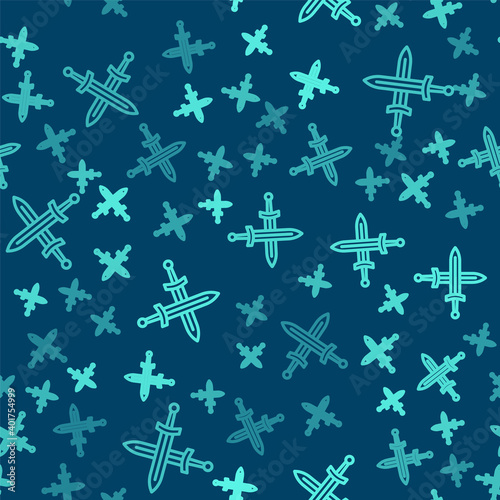 Green line Crossed medieval sword icon isolated seamless pattern on blue background. Medieval weapon. Vector.