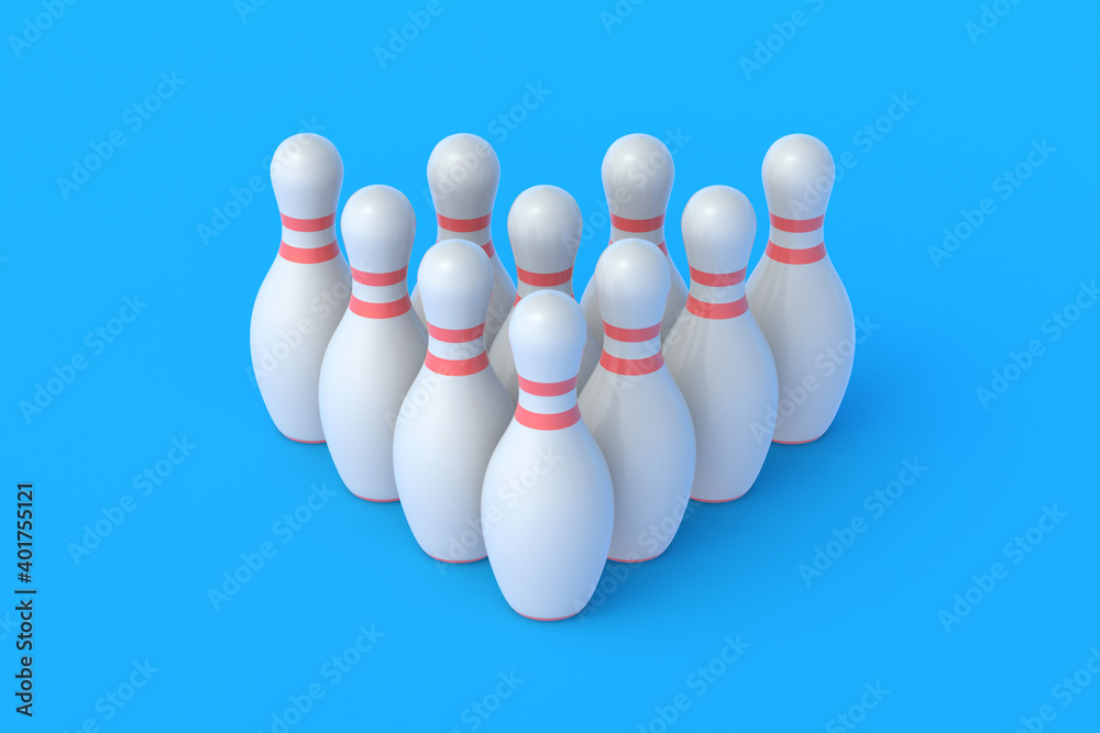 White bowling pins in form of triangle on blue background. Active sport. Hobby and leisure. Competition and championship. 3d rendering White bowling pins in form of triangle on blue background. Active sport. Hobby and leisure. Competition and championship. 3d rendering