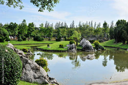 landscape view of the lake in the garden at King Rama 9 Park ing Bangkok Thailand