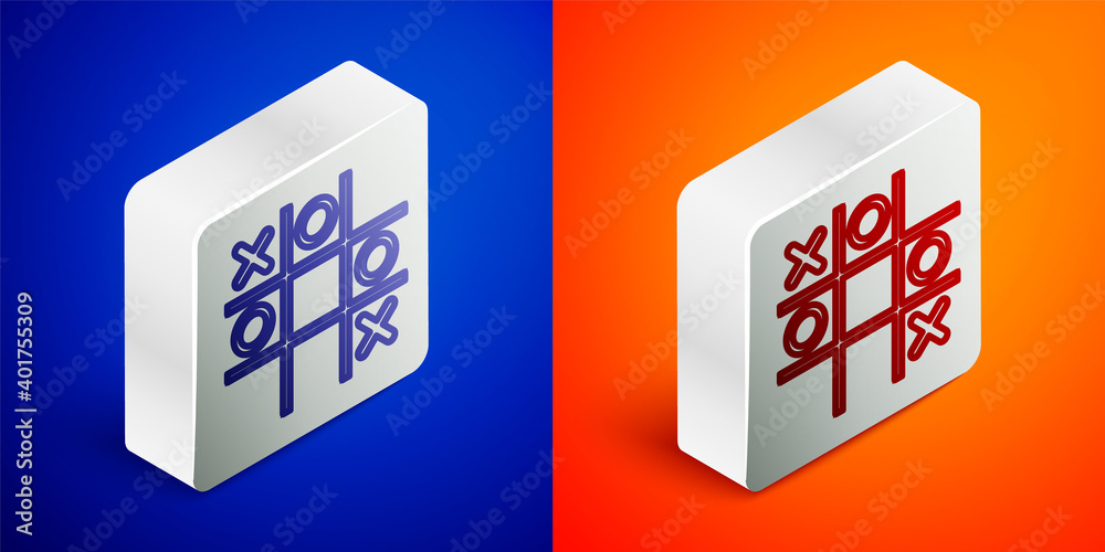 Isometric line Tic tac toe game icon isolated on blue and orange background. Silver square button. Vector. Isometric line Tic tac toe game icon isolated on blue and orange background. Silver square button. Vector.