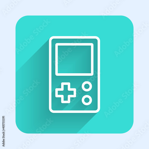 White line Portable tetris electronic game icon isolated with long shadow. Vintage style pocket brick game. Interactive playing device. Green square button. Vector.
