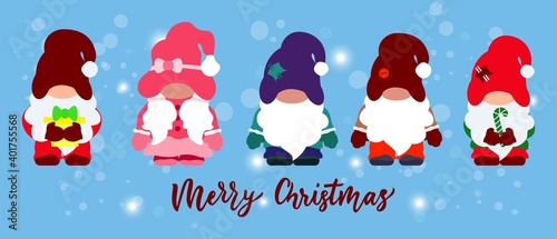 Set of Cute christmas gnomes with candy cane, gift box. On blue background with snowflakes. Flat illustration. Vector.