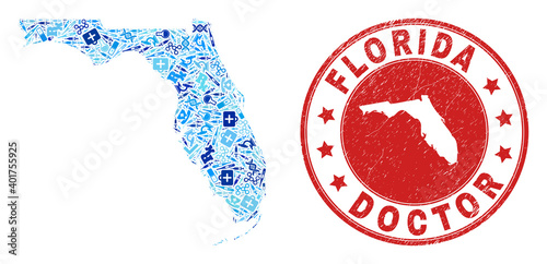 Vector mosaic Florida State map with healthcare icons, labs symbols, and grunge healthcare imprint. Red round imprint with unclean rubber texture and Florida State map text and map.