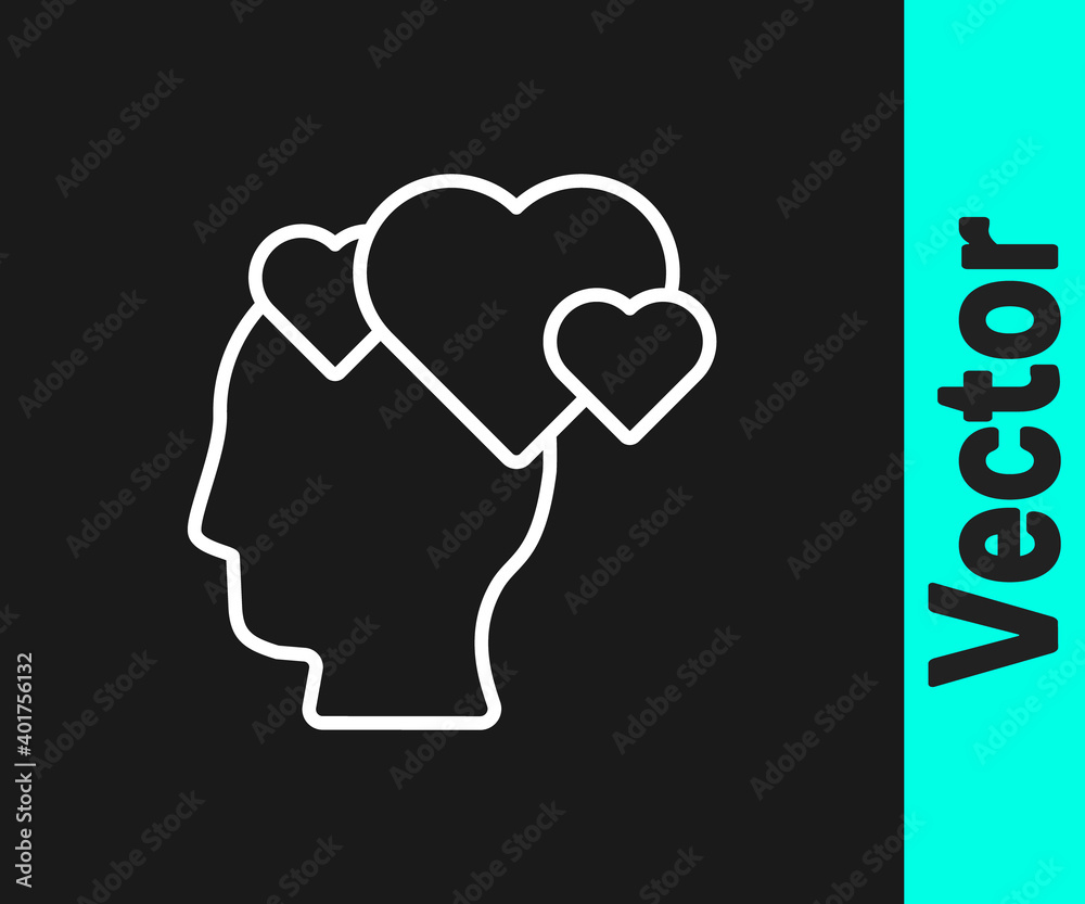 White line Human head with heart icon isolated on black background. Love concept with human head. Vector.
