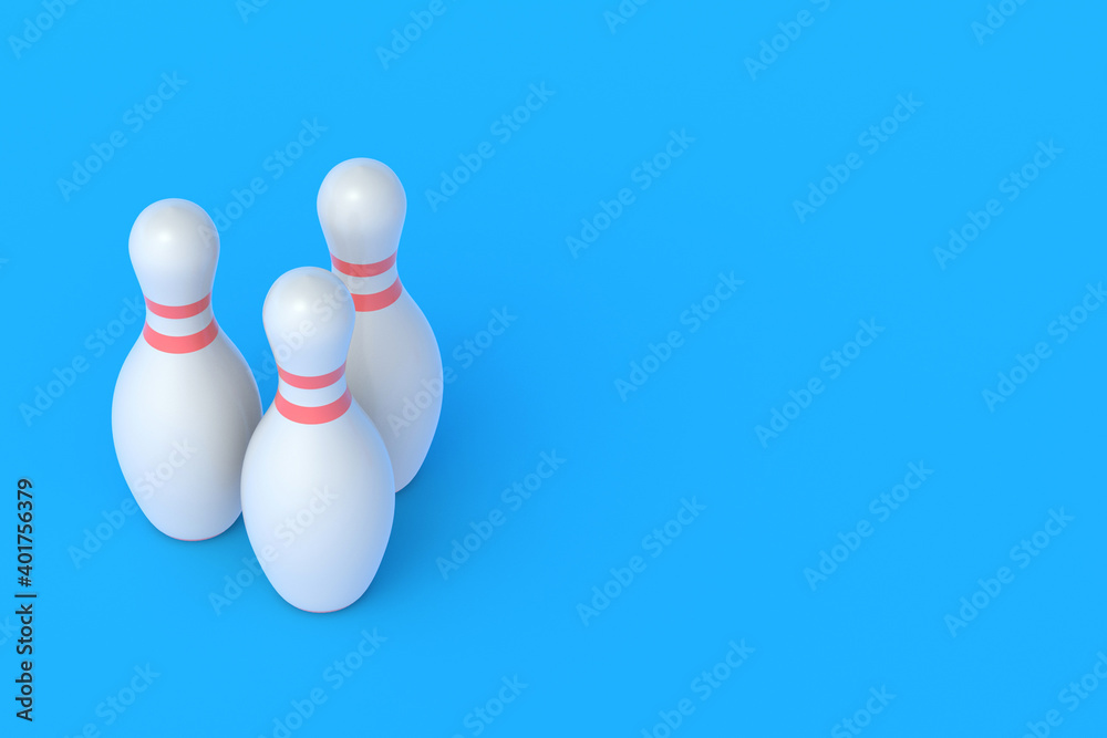 White bowling pins on blue background. Active sport. Hobby and leisure. Competition and championship. Copy space. 3d rendering White bowling pins on blue background. Active sport. Hobby and leisure. Competition and championship. Copy space. 3d rendering
