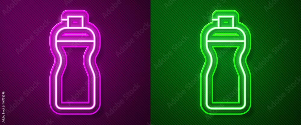 Glowing neon line Fitness shaker icon isolated on purple and green background. Sports shaker bottle with lid for water and protein cocktails. Vector. Glowing neon line Fitness shaker icon isolated on purple and green background. Sports shaker bottle with lid for water and protein cocktails. Vector.