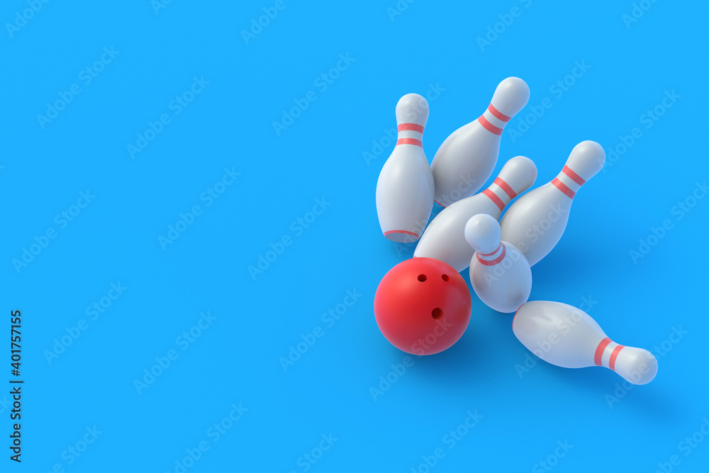 Red bowling ball crashing white falling pins on blue background. Active sport. Hobby and leisure. Competition and championship. Win and success concept. 3d rendering Red bowling ball crashing white falling pins on blue background. Active sport. Hobby and leisure. Competition and championship. Win and success concept. 3d rendering