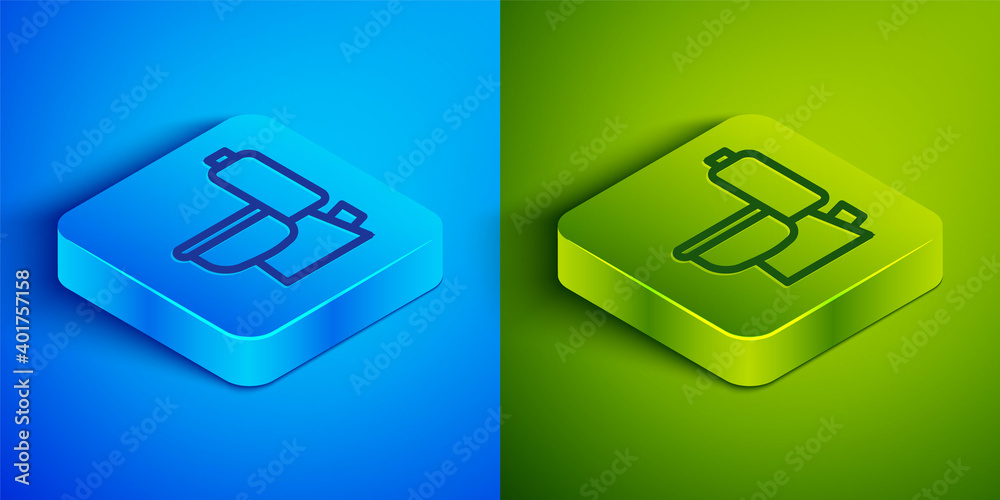 Isometric line Toilet bowl icon isolated on blue and green background. Square button. Vector. Isometric line Toilet bowl icon isolated on blue and green background. Square button. Vector.