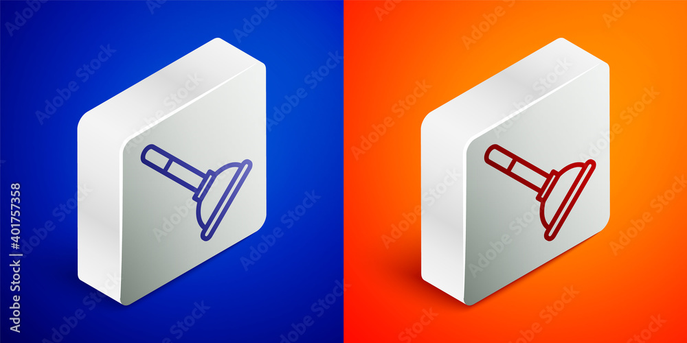 Isometric line Rubber plunger with wooden handle for pipe cleaning icon isolated on blue and orange background. Toilet plunger. Silver square button. Vector. Isometric line Rubber plunger with wooden handle for pipe cleaning icon isolated on blue and orange background. Toilet plunger. Silver square button. Vector.