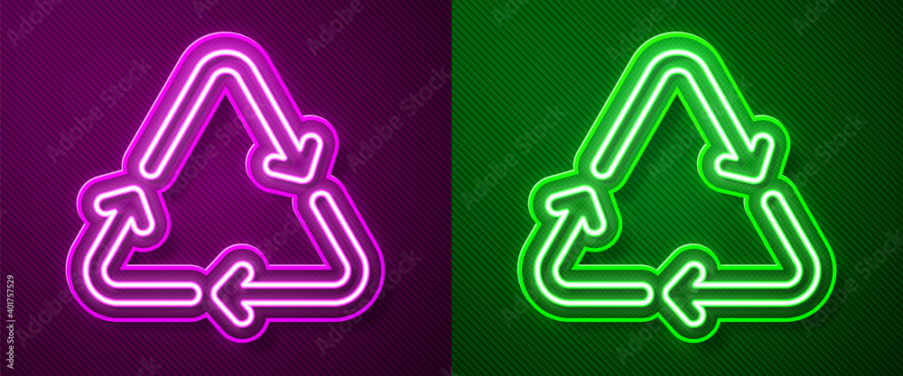 Glowing neon line Recycle symbol icon isolated on purple and green background. Circular arrow icon. Environment recyclable go green. Vector. Glowing neon line Recycle symbol icon isolated on purple and green background. Circular arrow icon. Environment recyclable go green. Vector.