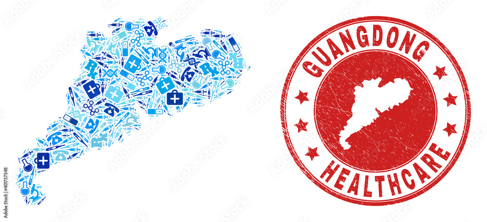 Vector collage Guangdong Province map with syringe icons, hospital symbols, and grunge health care watermark. Red round watermark with unclean rubber texture and Guangdong Province map word and map. Vector collage Guangdong Province map with syringe icons, hospital symbols, and grunge health care watermark. Red round watermark with unclean rubber texture and Guangdong Province map word and map.
