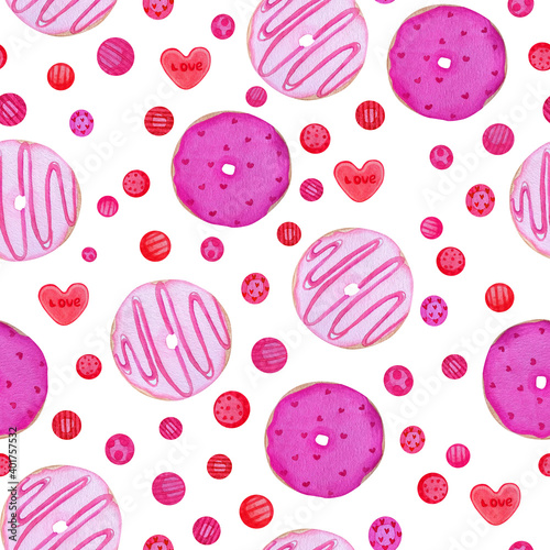 Seamless pattern with watercolor donuts for valentine's day. Pattern with pink sweets, donuts with hearts and love candy.