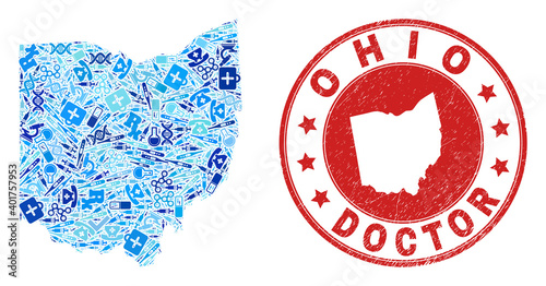 Vector mosaic Ohio State map with medical icons, laboratory symbols, and grunge health care seal stamp. Red round watermark with grunge rubber texture and Ohio State map word and map.