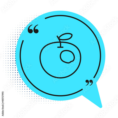 Black line Genetically modified apple icon isolated on white background. GMO fruit. Blue speech bubble symbol. Vector.