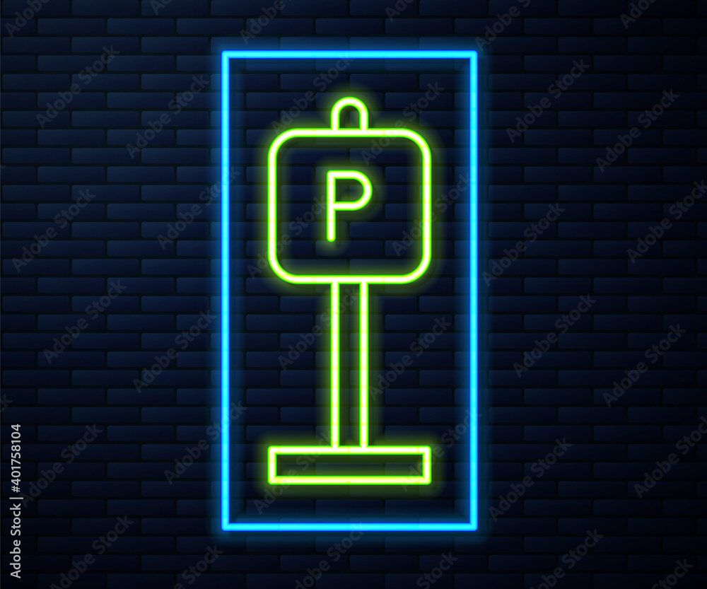 Glowing neon line Parking icon isolated on brick wall background. Street road sign. Vector. Glowing neon line Parking icon isolated on brick wall background. Street road sign. Vector.
