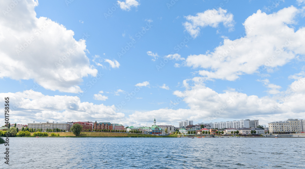 KAZAN, RUSSIA - June, 2020. Lake Nizhny (Lower) Kaban embankment, street views Shigabetdin Marjani, Vakhitovsky district of Kazan. Old Tatar settlement