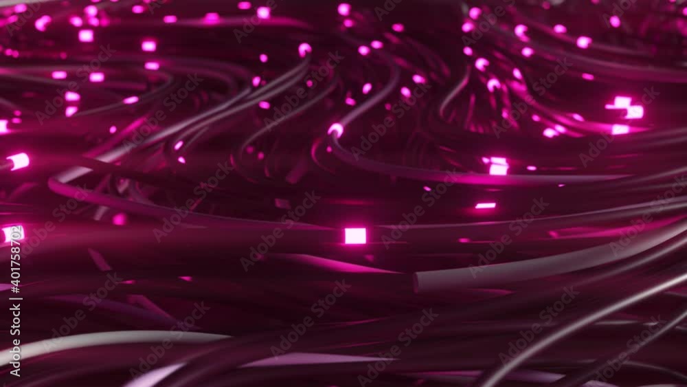 Bundles of abstract optical fiber lines. Bright light signals quickly transmit data for high speed internet connection. Technology and internet concept. 3d render