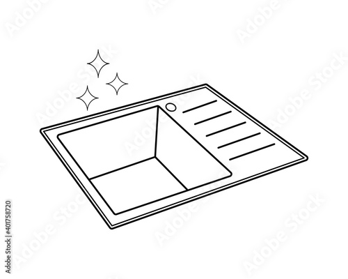 Shiny sparkling kitchen sink with stars. Outline and transparent vector icon. Isolated illustration on white background.