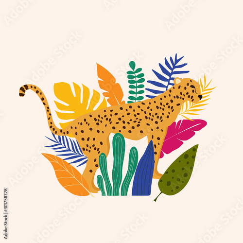Leopard and tropical leaves poster background vector illustration. Trendy wildlife pattern