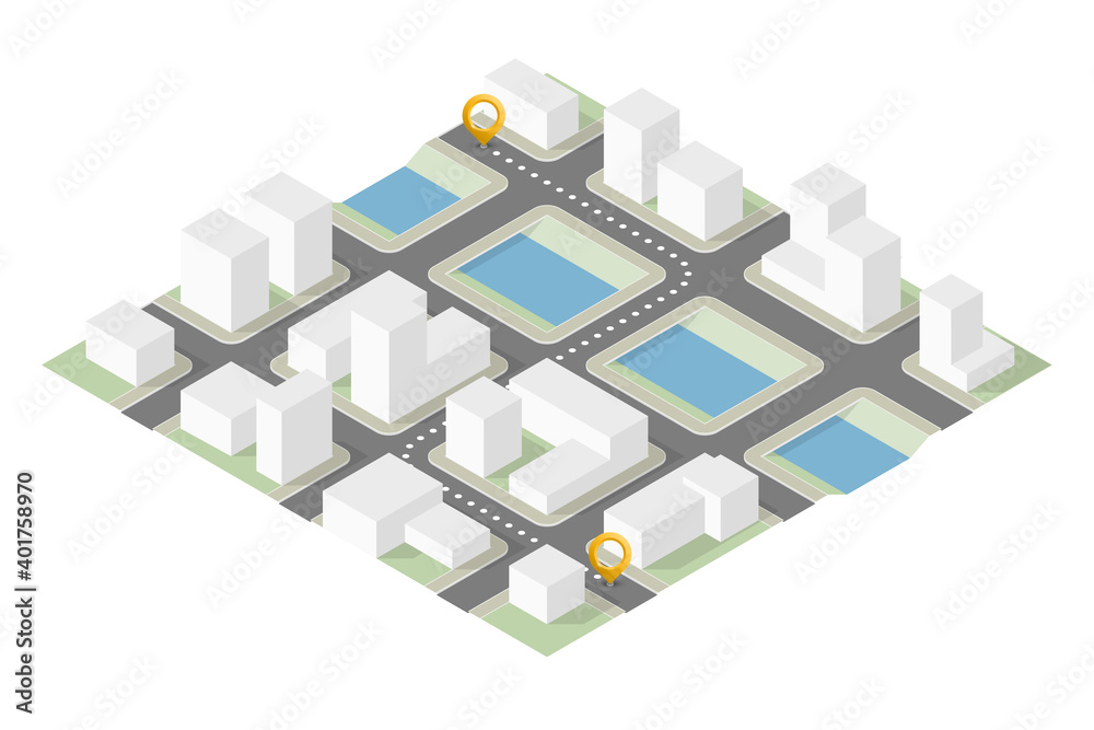 Isometric city map navigation, point markers background, flat isometry drawing schema, 3D simple city plan GPS navigation, final destination arrow paper city map. Route delivery check point graphic