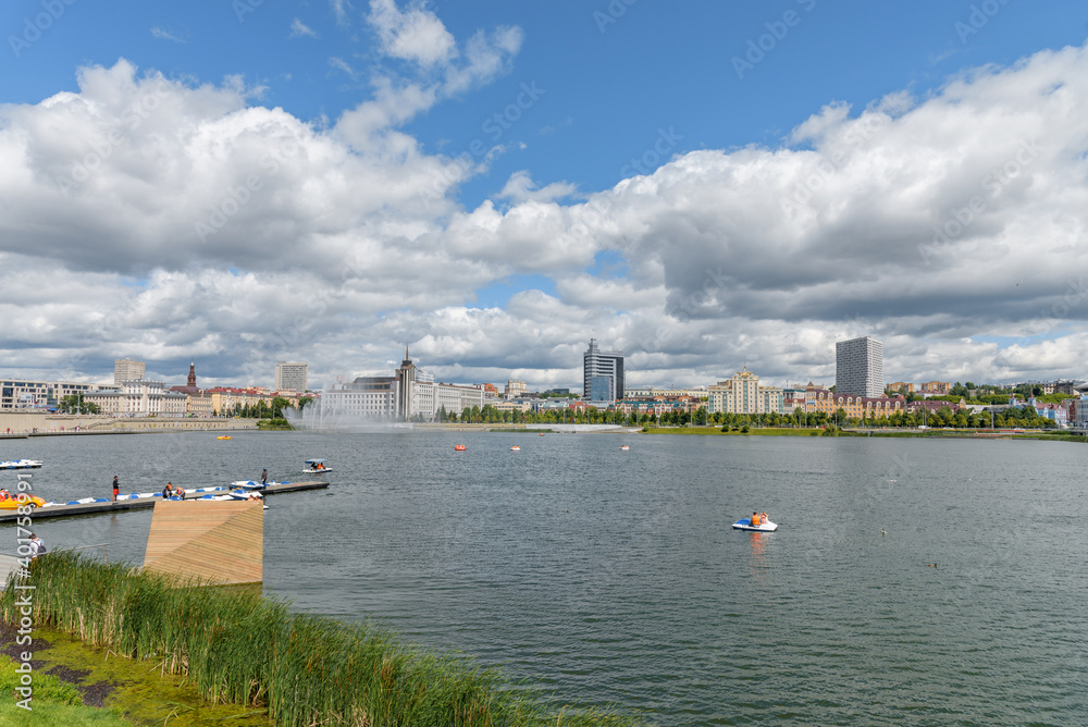 KAZAN, RUSSIA - June, 2020. Lake Nizhny (Lower) Kaban embankment, summer Kazan, Tatarstan