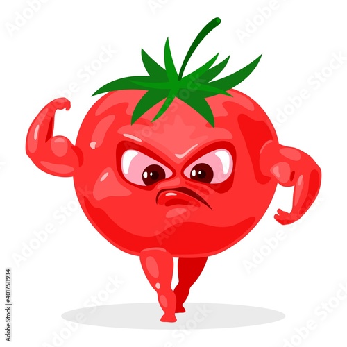 Ripe superhero vegetable with strong muscles, green tail, eyes and mouth. Vector delicious red veggie, dietary food, vegetarianism, farm product design isolated on white background
