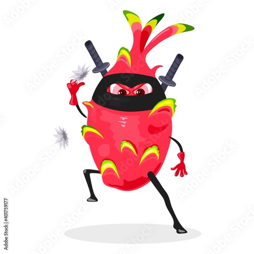 Exotic tropical superhero fruit with metal weapon and swords. Vector organic product, healthy eating, juicy and fresh fruit, vegetarianism, snack design isolated on white background