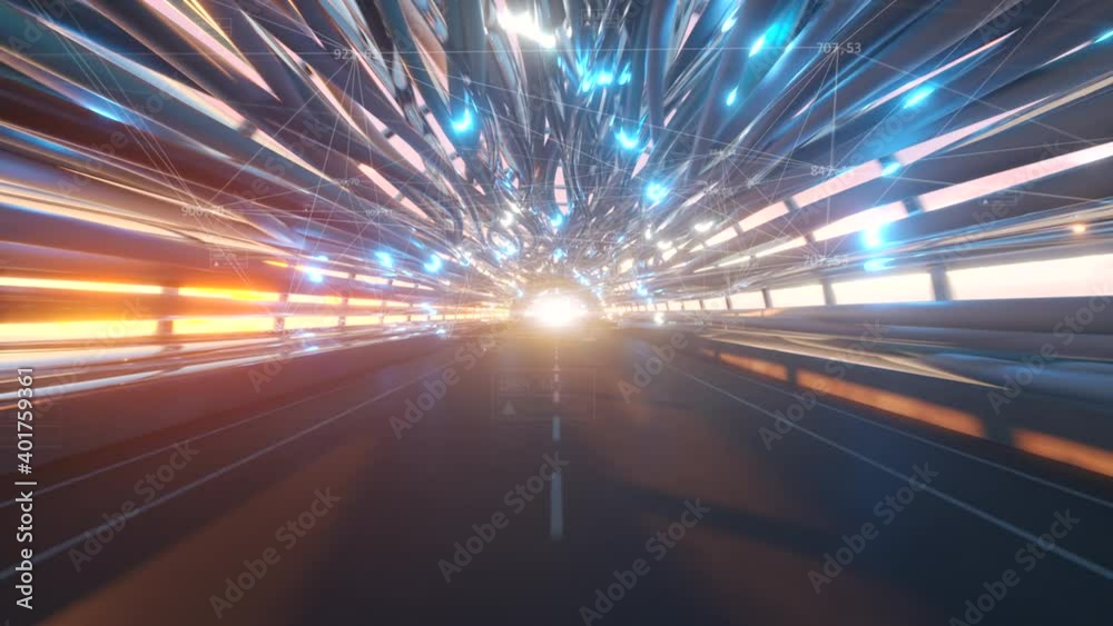 Flying in a futuristic fiber optic tunnel with a road. Future technologies concept. Business background. Pleasant natural lighting. Technological connections. Seamless loop 3d render