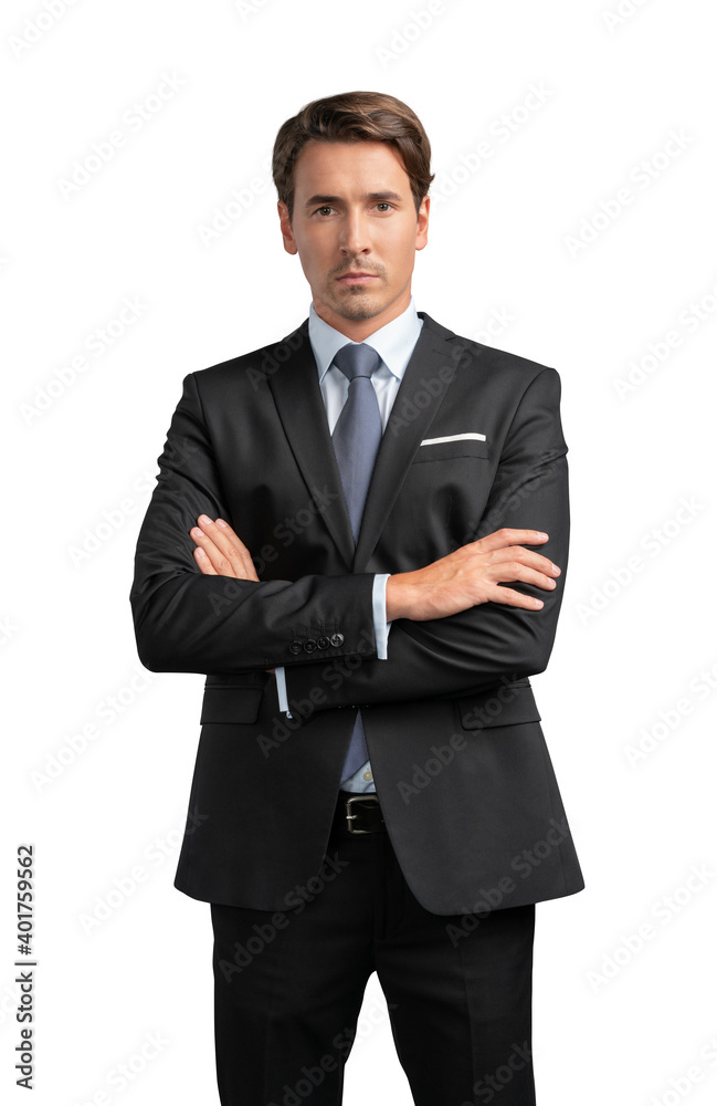 Businessman in black suit standing on isolated over white background. Young businessman arms crossed, looking at the camera, confident look Businessman in black suit standing on isolated over white background. Young businessman arms crossed, looking at the camera, confident look