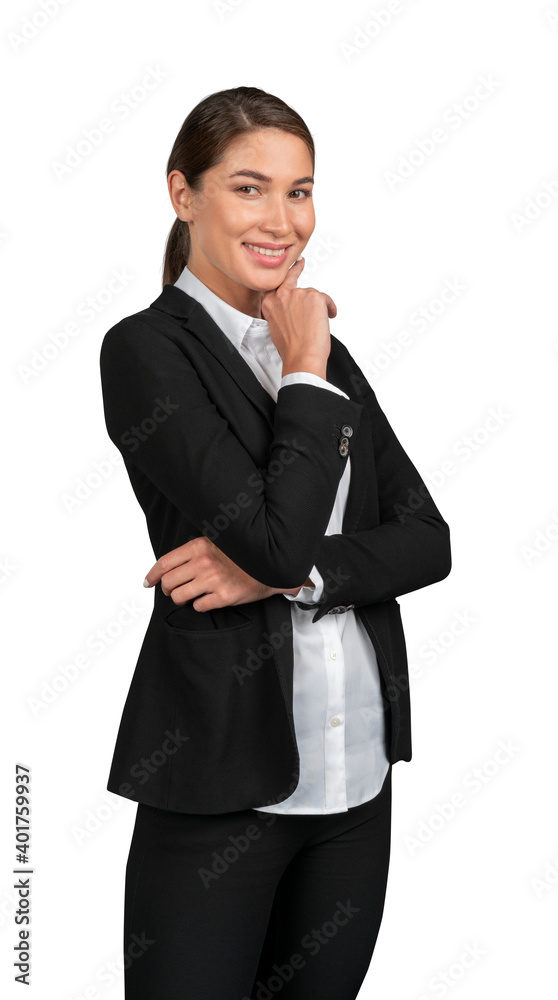 Businesswoman in black suit standing hand to chin smiling, isolated over white background. Young female manager arms crossed, looking at camera