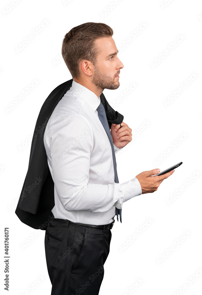 Businessman in shirt and tie with phone, holding a jacket in hand, isolated over white background. Caucasian manager standing with phone Businessman in shirt and tie with phone, holding a jacket in hand, isolated over white background. Caucasian manager standing with phone