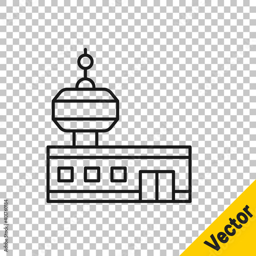 Black line Airport control tower icon isolated on transparent background. Vector.