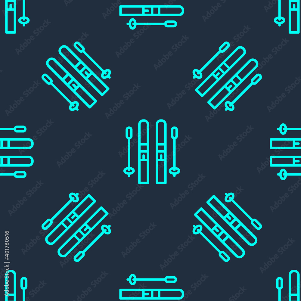 Green line Ski and sticks icon isolated seamless pattern on blue background. Extreme sport. Skiing equipment. Winter sports icon. Vector. Green line Ski and sticks icon isolated seamless pattern on blue background. Extreme sport. Skiing equipment. Winter sports icon. Vector.