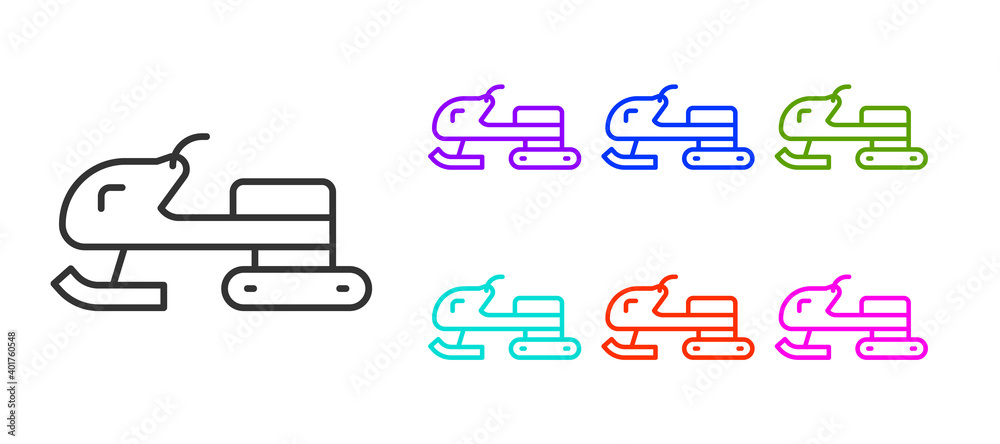 Black line Snowmobile icon isolated on white background. Snowmobiling sign. Extreme sport. Set icons colorful. Vector. Black line Snowmobile icon isolated on white background. Snowmobiling sign. Extreme sport. Set icons colorful. Vector.